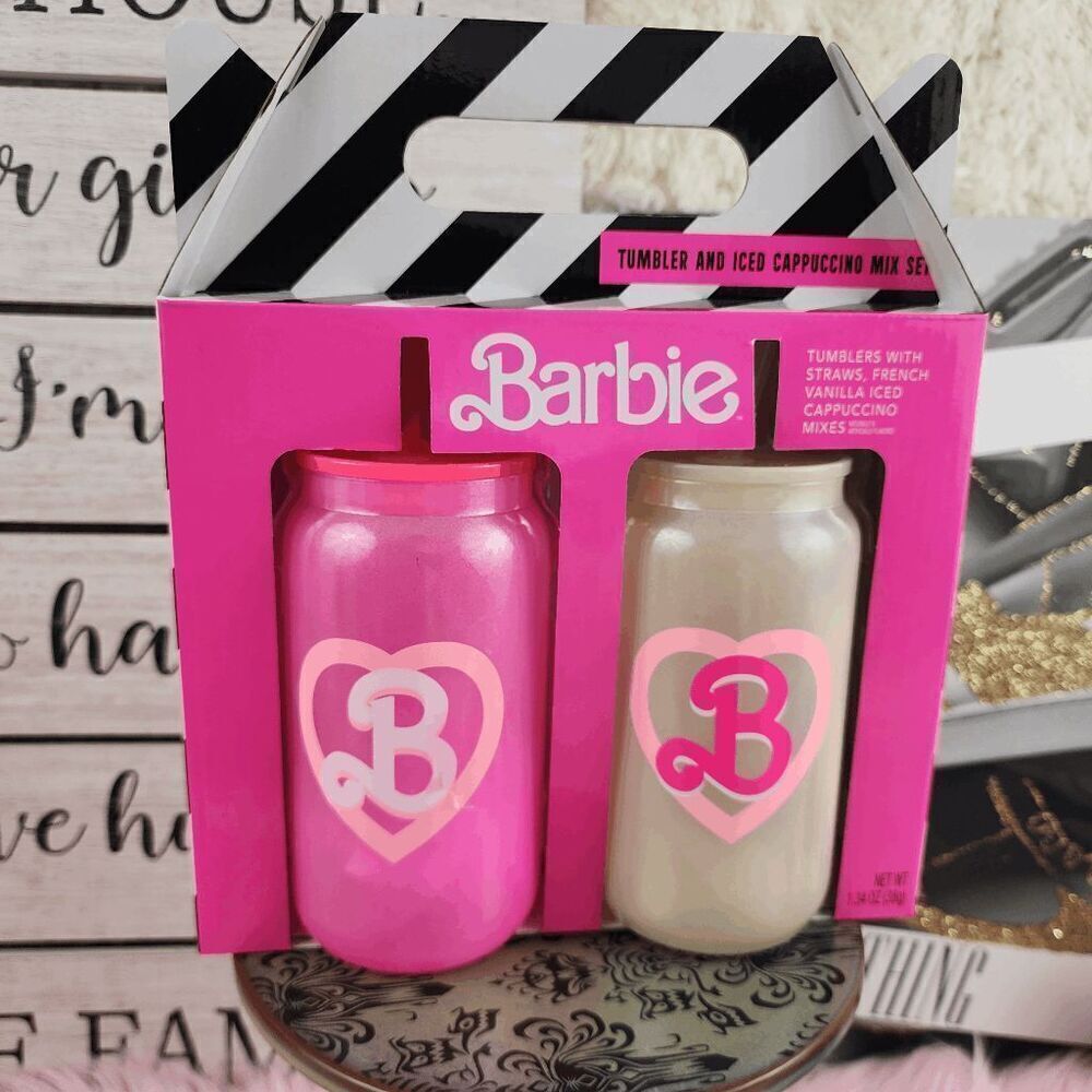💕 NWT Barbie Pink Tumbler with Iced Cappuccino Mix #7167 💕